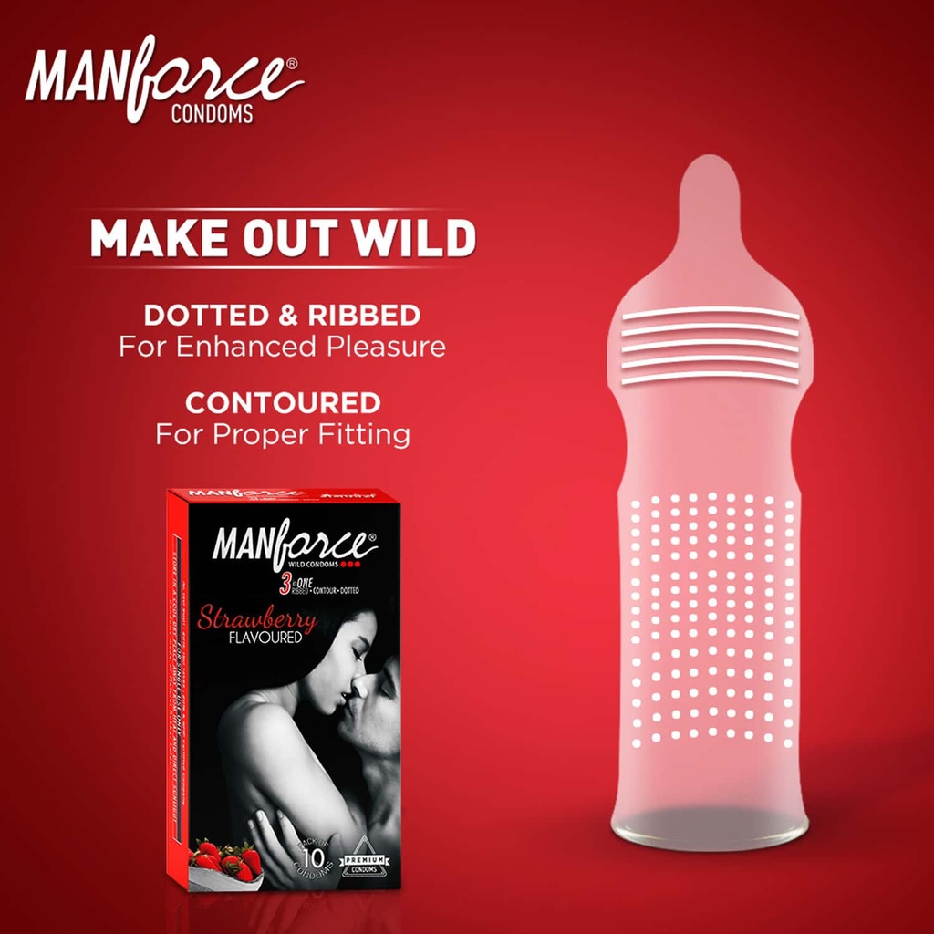 Manforce Wild Condom 3 In1 Strawberry Flavour (10 Pcs Pack)